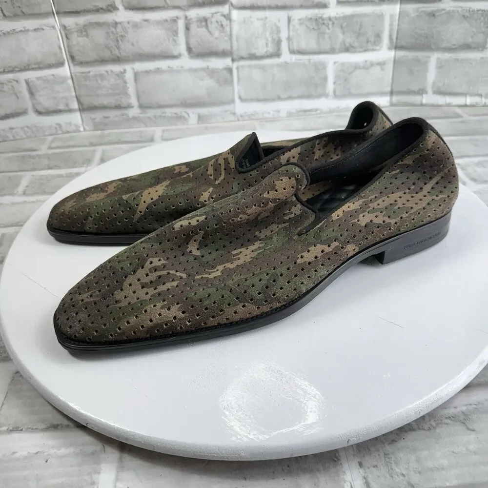 Karl Lagerfeld Paris Men's Size 13 Camouflage Green Leather Perforated Loafers